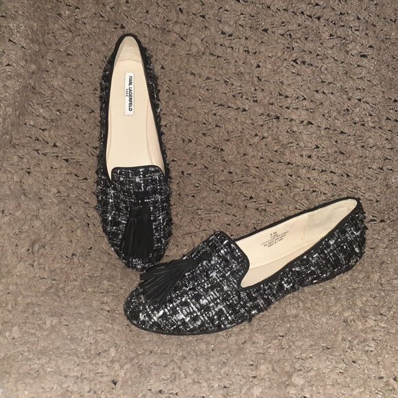 KARL LAGERFELD-Paris-Tilda 2-Black White Wool Tweed Tassel Flat-Sz 8.5-Near Mint - Picture 1 of 7